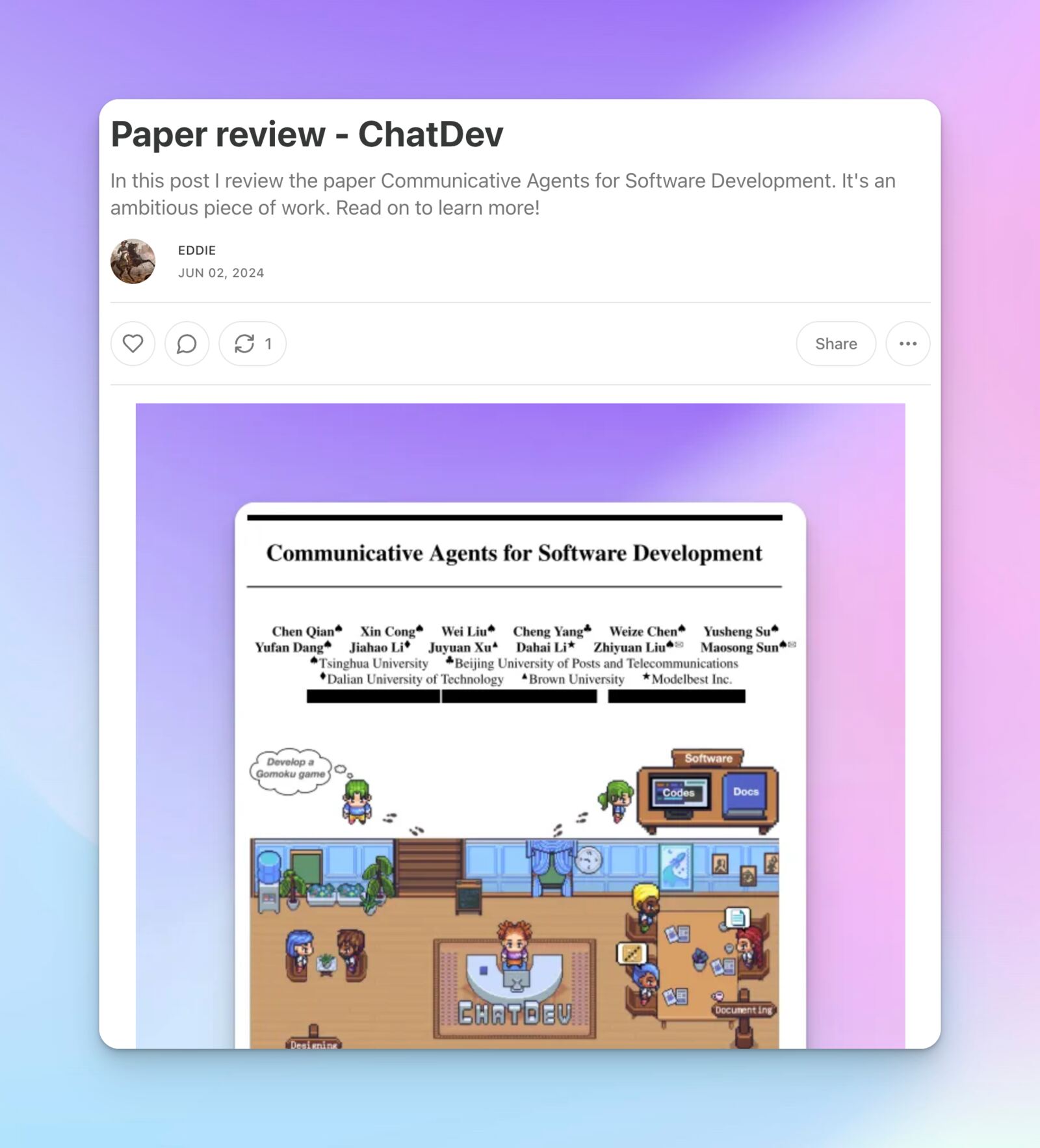 The ChatDev paper's title page — Communicative Agents for Software Development — above a pixel-art scene of AI agent characters working together in a virtual software office