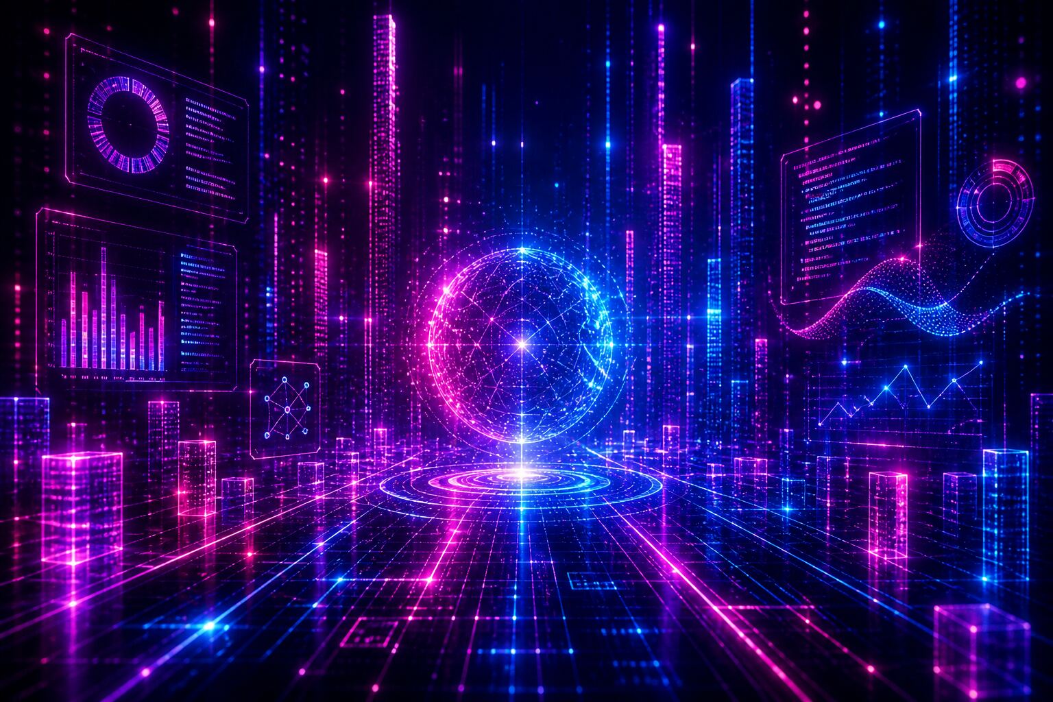 Neon visualisation of a glowing wireframe sphere on a grid, surrounded by holographic dashboards of charts and gauges