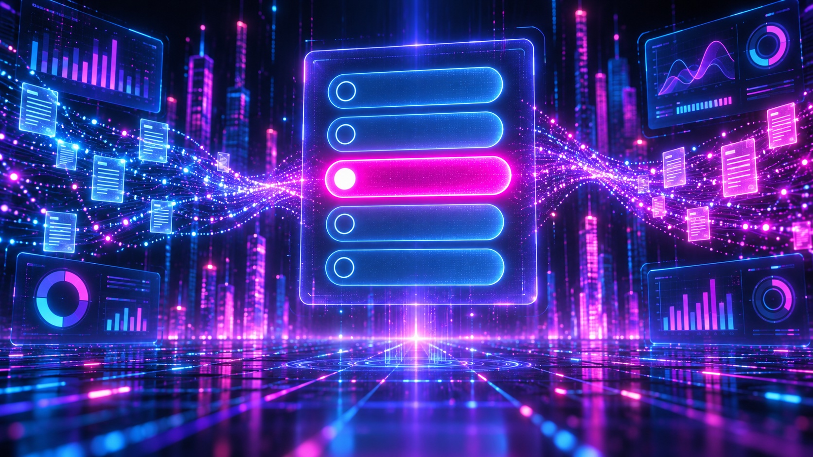 Neon visualisation of a vast holographic multiple-choice panel with a single option lit bright magenta, above a glowing data grid