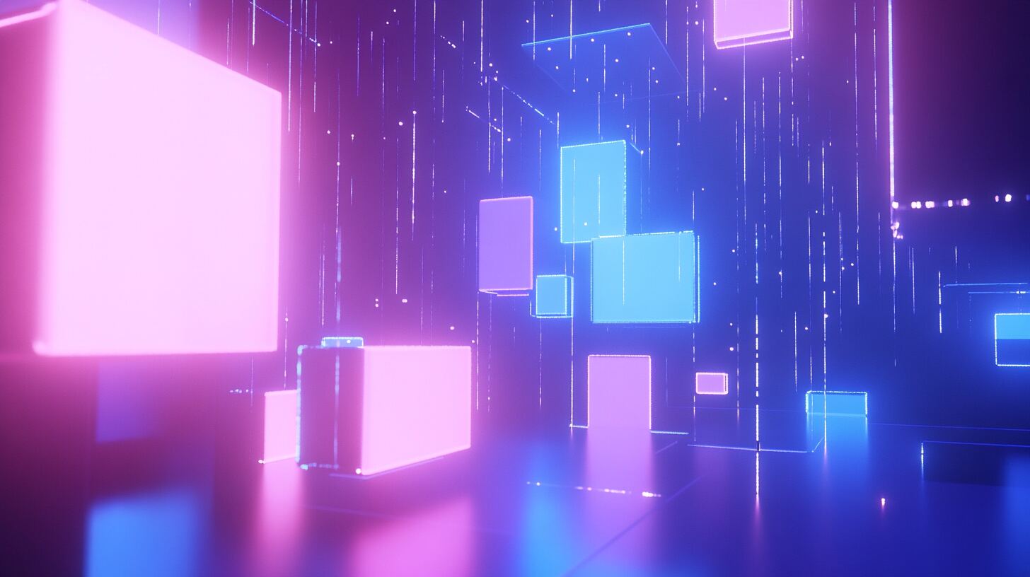 Glowing pink and blue translucent blocks floating in a dark digital space, like software components assembling themselves